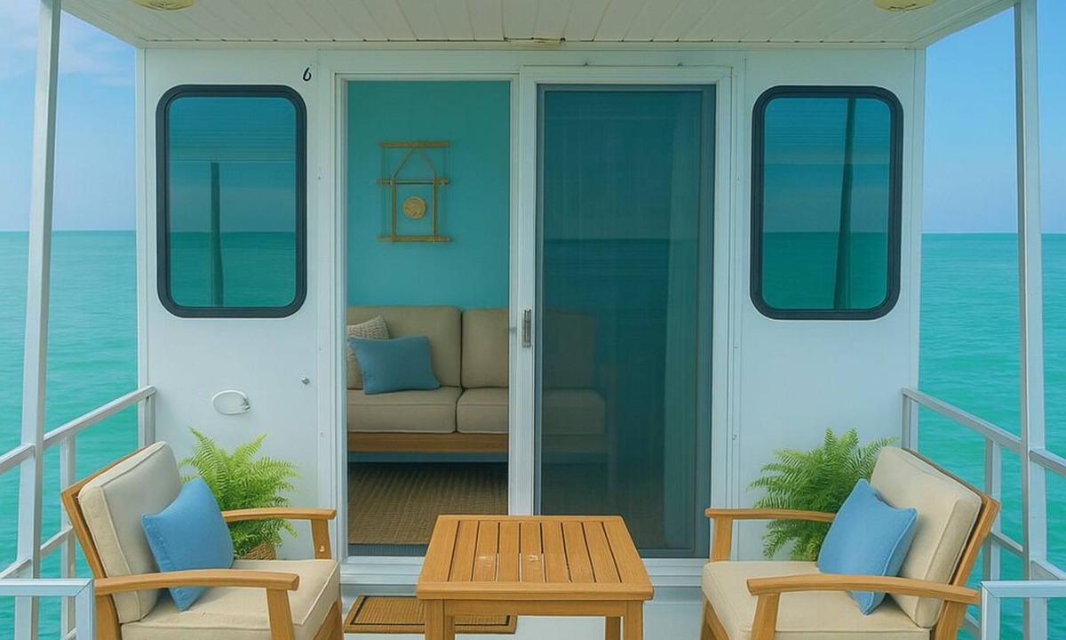 George Town Boat Rental | Water Glamping over turquoise blue water.